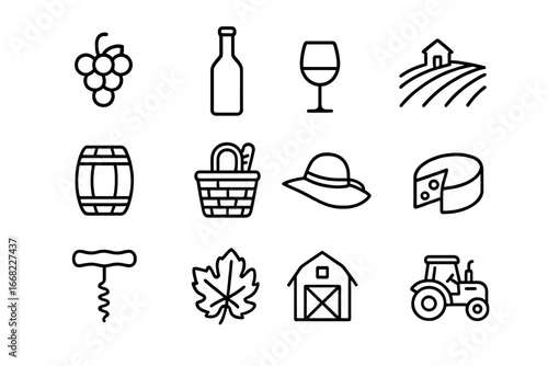 Vineyard Tour Icons. Outline icon set of vineyard tours: grape bunch, wine bottle, wine glass, vineyard,