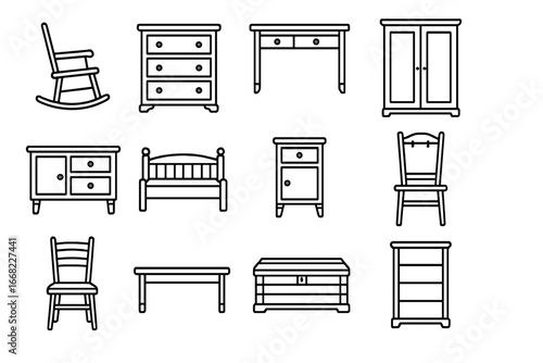 Vintage Furniture Icons. Outline icon set of vintage wooden furniture: rocking chair, dresser, writing desk,