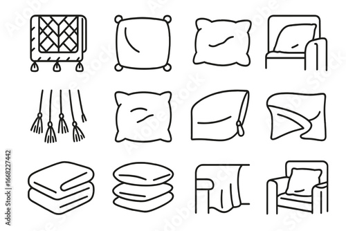 Cozy Living Icons. Outline icon set of cozy throw pillow and blanket set: knit blanket, decorative pillow,