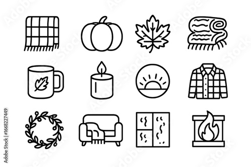 Autumn Cozy Icons. Outline icon set of autumn cozy elements: plaid throw, pumpkin pillow, leaf motif, knitted