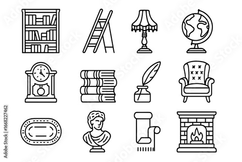 Vintage Library Icons. Outline icon set of vintage library design: wooden shelves, rolling ladder, ornate lamp