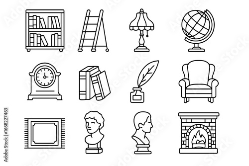 Vintage Library Icons. Outline icon set of vintage library design: wooden shelves, rolling ladder, ornate lamp