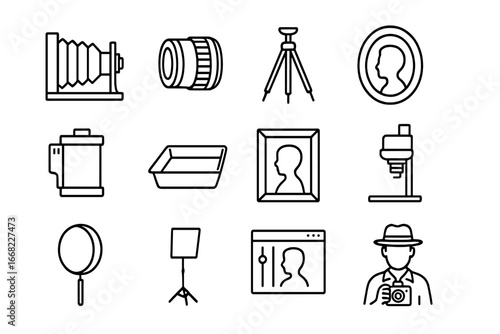 Vintage Photography Icons. Outline icon set of vintage black and white portraits: camera, lens, tripod,