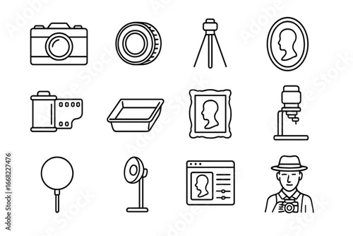Vintage Photography Icons. Outline icon set of vintage black and white portraits: camera, lens, tripod,