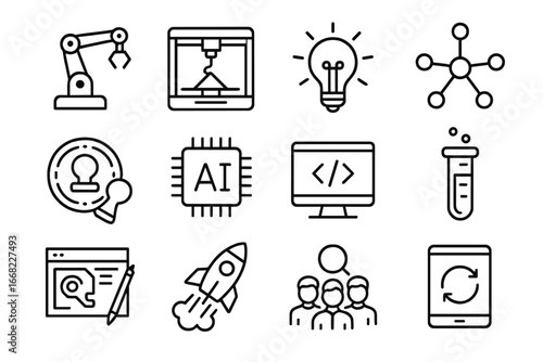 Innovation Icon Set. Outline icon set of innovation and technology: robot arm, 3D printer, innovation bulb,