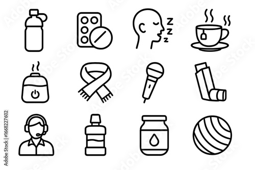 Vocal Care Icons. Outline icon set of vocal health and care: water bottle, throat lozenge, vocal rest, warm
