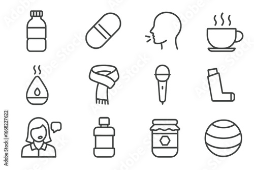 Vocal Care Icons. Outline icon set of vocal health and care: water bottle, throat lozenge, vocal rest, warm