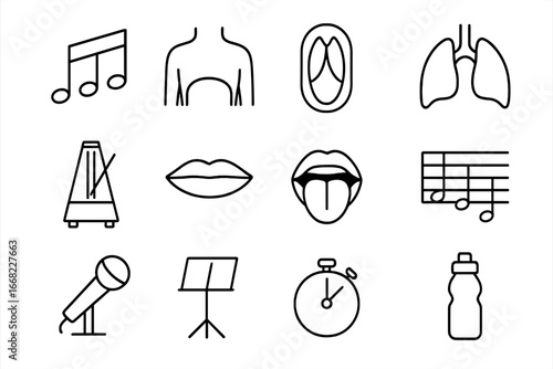 Vocal Warm-up Icons. Outline icon set of vocal warm-up exercises: music notes, diaphragm, vocal cords, lungs,