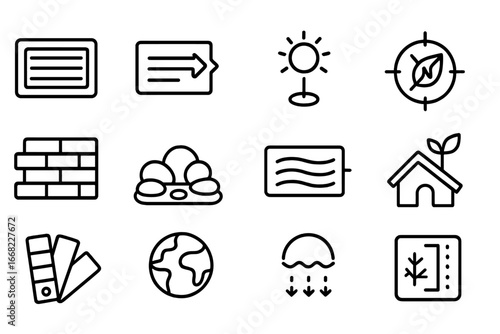 Natural Climate Icons. Outline icon set of natural indoor climate control: ceiling vent, open vent arrow, sun