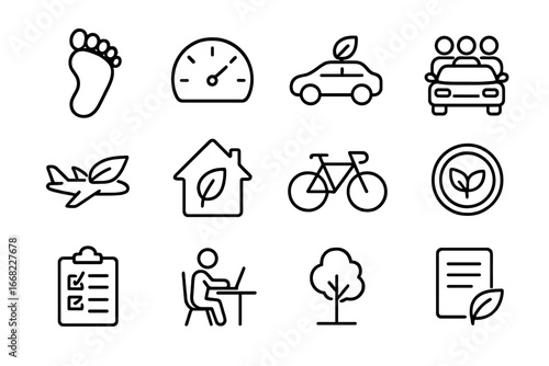 Carbon Footprint Icons. Outline icon set of carbon footprint reduction: foot icon, CO2 gauge, hybrid car,