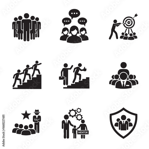 Set of 9 black and white icons representing teamwork leadership mentorship and business success