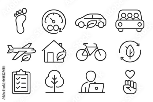 Carbon Footprint Icons. Outline icon set of carbon footprint reduction: foot icon, CO2 gauge, hybrid car,