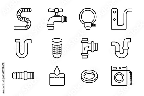 Washing Machine Drain Components. Outline icon set of washing machine drain pipe: drainage hose, water inlet