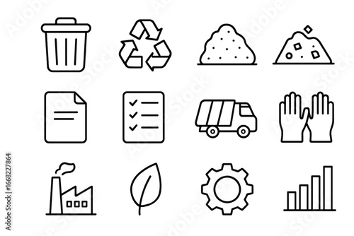 Waste Management Icons. Outline icon set of waste management strategies: trash bin, recycling arrows, compost