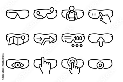 Augmented Reality Icon Set. Outline icon set of augmented reality glasses for gaming or navigation: AR headset