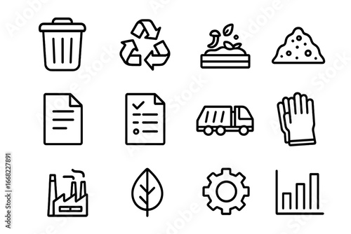 Waste Management Icons. Outline icon set of waste management strategies: trash bin, recycling arrows, compost