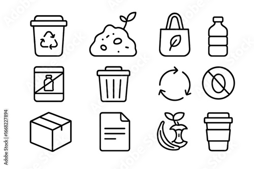 Waste Reduction Icons. Outline icon set of waste reduction efforts: recycling bin, compost pile, reusable bag,