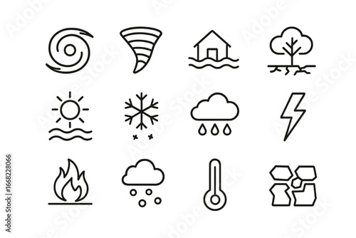 Weather Icon Set. Outline icon set of extreme weather events: hurricane, tornado, flood, drought, heatwave,