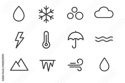 Weather Icons Grid. Outline icon set of precipitation process: raindrop, snowflake, hailstone, cloud,