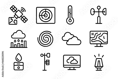 Weather Analysis Icons. Outline icon set of weather data analysis for disaster relief: satellite imagery,