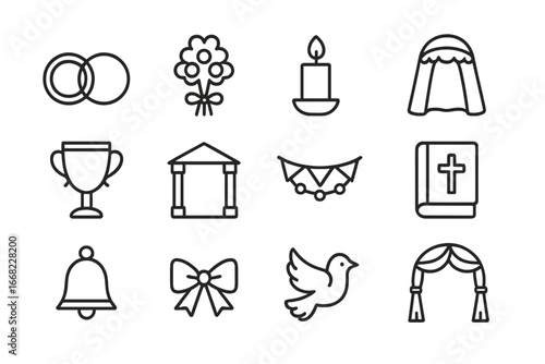 Wedding Ritual Icons. Outline icon set of wedding rituals: wedding rings, bouquet, candle, veil, unity cup,
