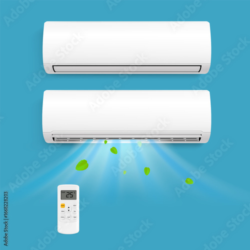 Mint Breeze and Technician Near Air Conditioner on Blue Background.