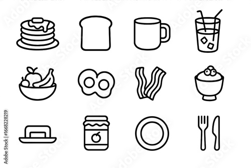 Weekend Brunch Icons. Outline icon set of weekend brunch: pancakes, toast, coffee mug, orange juice, fruit