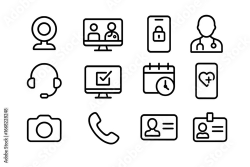 Telemedicine Icons Grid. Outline icon set of telemedicine signage: webcam icon, virtual consultation, device