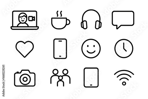 Weekend Chat Icons. Outline icon set of weekend video chats: laptop, coffee cup, headphones, chat bubble,