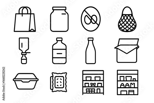 Eco-Friendly Packaging Icons. Outline icon set of packaging reduction: paper bag, bulk jar, no plastic icon,