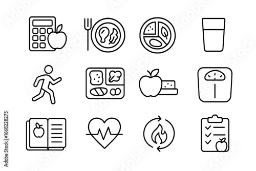 Weight Management Icons. Outline icon set of Weight management nutrition: calorie counting, portion control,