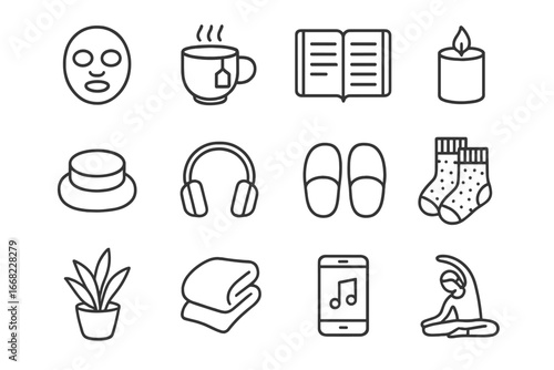 Wellness Icons Grid. Outline icon set of personal wellness moments: face mask, herbal tea, journal, candle,