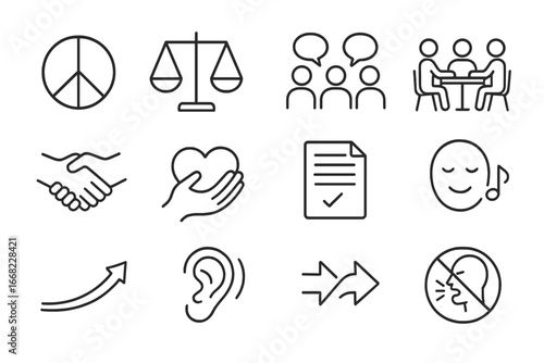 Conflict Resolution Icons. Outline icon set of conflict resolution techniques: peace symbol, balance scale,