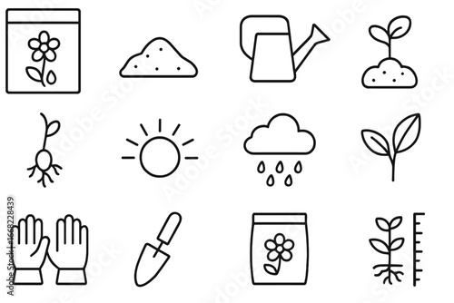 Wildflower Growth Icons. Outline icon set of wildflower seeds and growth: seed packet, soil, watering can,