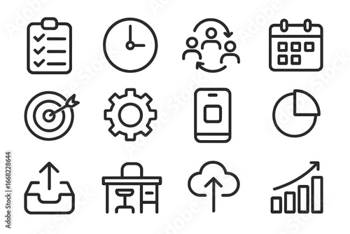 Workplace Icon Collection. Outline icon set of workplace efficiency ideas: task checklist, time tracker, team
