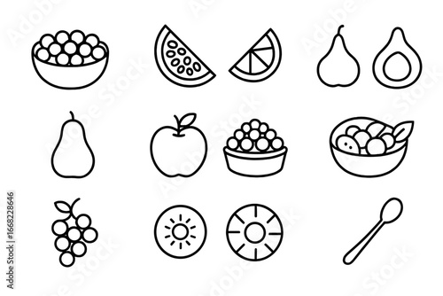 Winter Fruit Icons. Outline icon set of winter fruit and berry dishes: cranberry bowl, pomegranate slice,