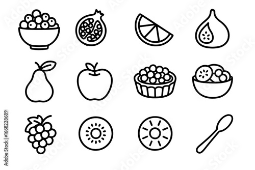 Winter Fruit Icons. Outline icon set of winter fruit and berry dishes: cranberry bowl, pomegranate slice,