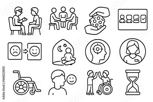Special Needs Icons. Outline icon set of parenting for special needs: therapy session, support group, sensory