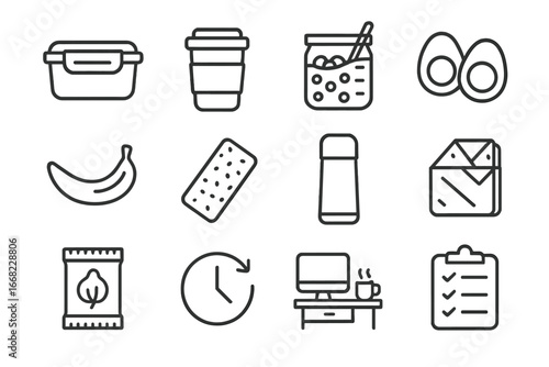 Workday Breakfast Icons. Outline icon set of breakfast for workdays: packed container, to-go mug, overnight