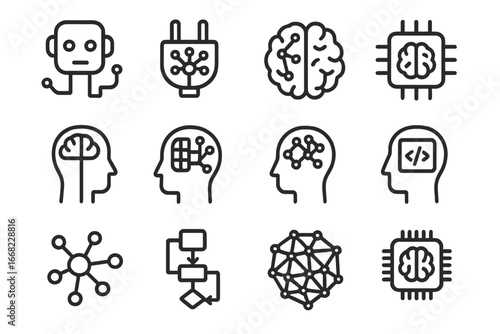 AI Integration Icons. Outline icon set of neural AI integration: cognitive bot, neural plug-in, AI brain merge