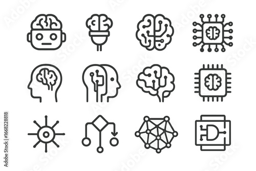AI Integration Icons. Outline icon set of neural AI integration: cognitive bot, neural plug-in, AI brain merge