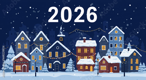 Wallpaper Mural Winter village scene with snowy houses and the year 2026   Torontodigital.ca