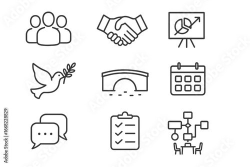 Workplace Harmony Icons. Outline icon set of workplace harmony building: team silhouettes, handshake, shared