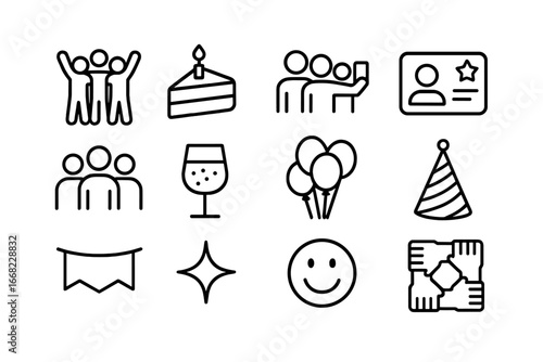 Team Celebration Icons. Outline icon set of team success party: group cheer, cake slice, group selfie, success