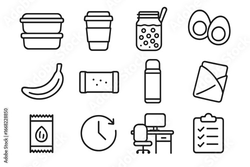 Workday Breakfast Icons. Outline icon set of breakfast for workdays: packed container, to-go mug, overnight