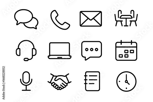 Workplace Communication Icons. Outline icon set of workplace communication: speech bubbles, phone, email,