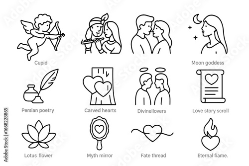Ancient Love Legends Icons. Outline icon set of ancient love myths and legends: Cupid icon, Krishna and Radha,
