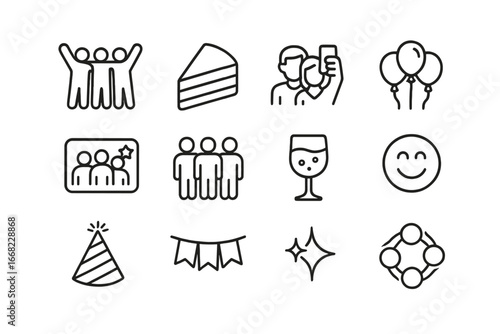 Team Celebration Icons. Outline icon set of team success party: group cheer, cake slice, group selfie, success