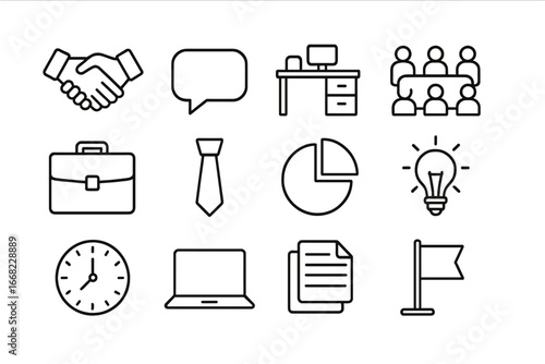 Workplace Politics Icons. Outline icon set of workplace politics basics: handshake, speech bubble, office desk