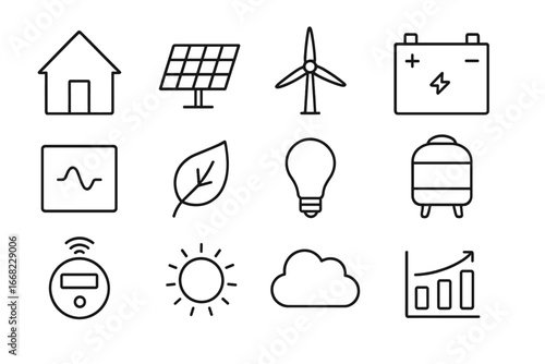 Zero-Energy Home Icons. Outline icon set of zero-energy homes: house, solar panel, wind turbine, battery,